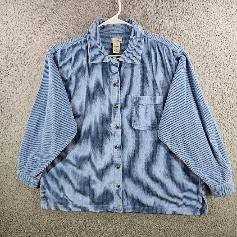 LL Bean Womens 1X Light Blue Corduroy Button Up Shirt Long Sleeve 100% Cotton